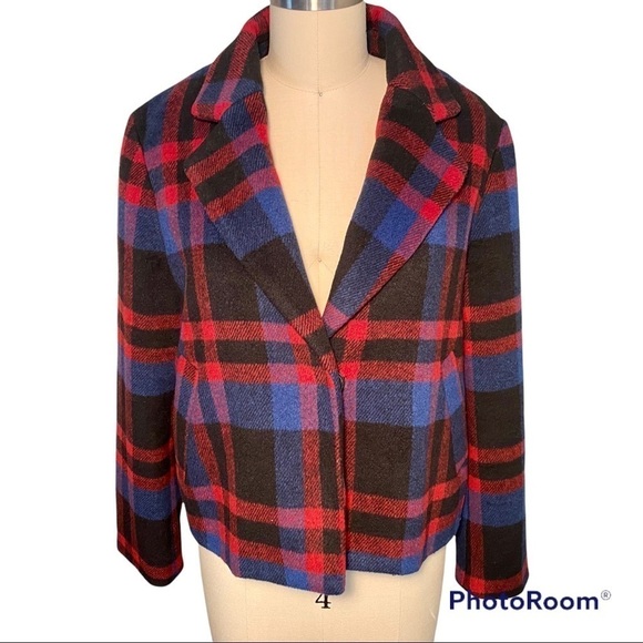 KLING boxy cropped buffalo plaid one button coat lined medium EUC - Picture 1 of 12